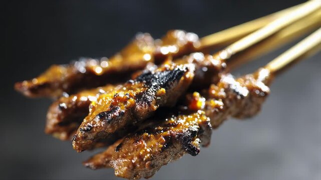 Delicious Grilled Chicken Satay Skewer Texture Macro Close Up. Delicious Asian street food background.