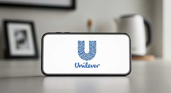 Unilever logo displayed on a smartphone screen in a modern home or office setting, showcasing corporate branding and technology integration
