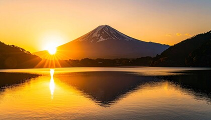 Majestic snow-capped mountain reflects in serene lake during a vibrant sunset