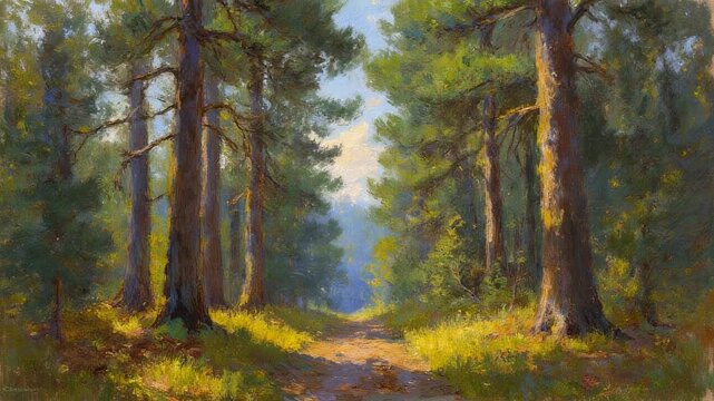 A serene forest path winding through tall trees on a sunny day, captured in a smooth cartoon style video.