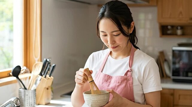 A serene and smiling woman is immersed in the mindful preparation of a beverage in a sunlit, contemporary kitchen. Dressed in a simple white t-shirt and a soft pink apron, she delicately holds a rusti