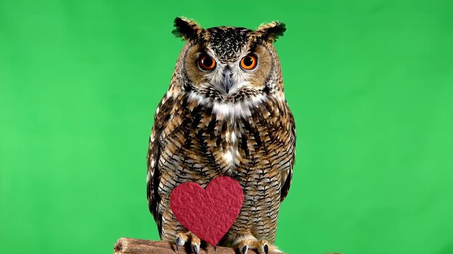 Owl Holding a Heart on Green Screen - A majestic Eurasian eagle-owl perched on a branch holds a red heart-shaped object against its chest.