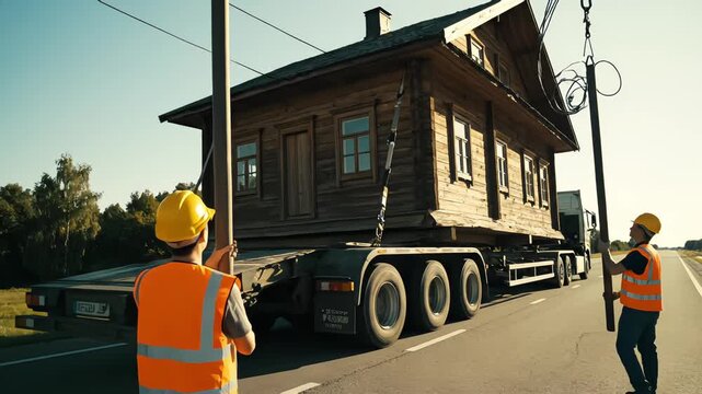 Road workers use long poles to lift overhead power lines, clearing the path for a truck relocating a whole wooden house