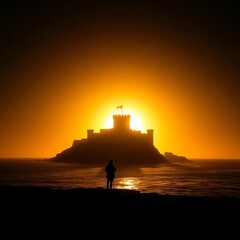 Golden hour silhouette of a tiny figure sculpted by light, a solitary castle emerging from the deep shadows of the shore,  ocean,  luminous