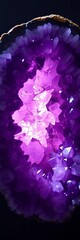Glistening amethyst geode split open, revealing a breathtaking cave of purple crystals bathed in soft light,  hollow,  cave
