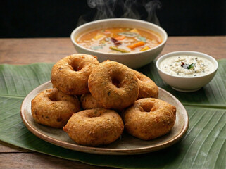 Delicious Medu Vada with Sambar and Coconut Chutney - Traditional South Indian Breakfast served on Banana Leaf