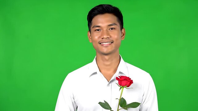 Smiling young man in white shirt holding a single red rose on a green screen background, looking at camera. Chroma key ready.