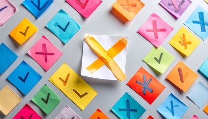 Colorful sticky notes arranged with checks and crosses, decisions, choices, and options