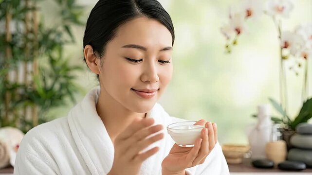 A serene young Asian woman, clad in a plush white bathrobe, holds a small clear bowl of creamy white product with both hands, bringing it gently towards her face. She has a soft, content smile and a c