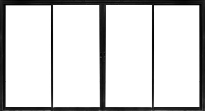Real modern black store front double glass door window frame isolated on white background