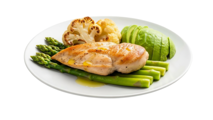 Grilled chicken breast with asparagus and avocado isolated on transparent background