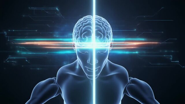 Abstract representation of human brain activity and intelligence with glowing lines and circuits