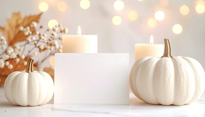 Autumnal still life featuring white pumpkins, burning candles, gold foliage, and a blank greeting card, against blurred lights