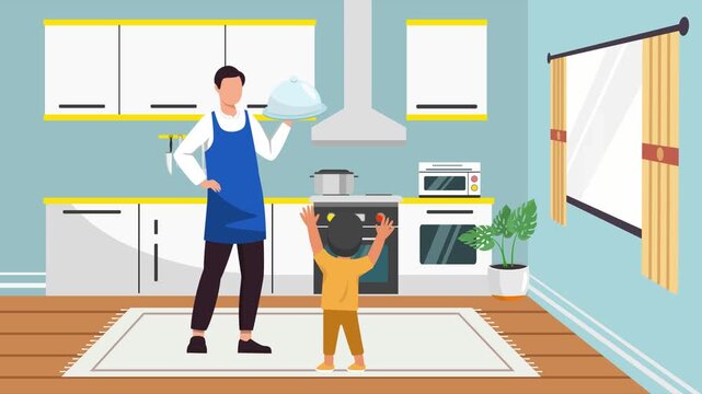 father cooks for son. Real life story telling concept. Full length animation illustration. High quality&nbsp;4k&nbsp;footage
