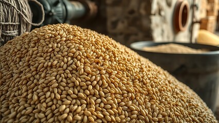 Obraz premium emmer. Heap of hulled emmer grains beside a traditional stone mill. safety posters, maintenance manuals, designed for industrial assembly lines and welding operations.