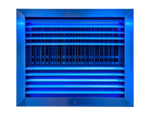 Blue-lit rectangular object with horizontal and vertical bars against black