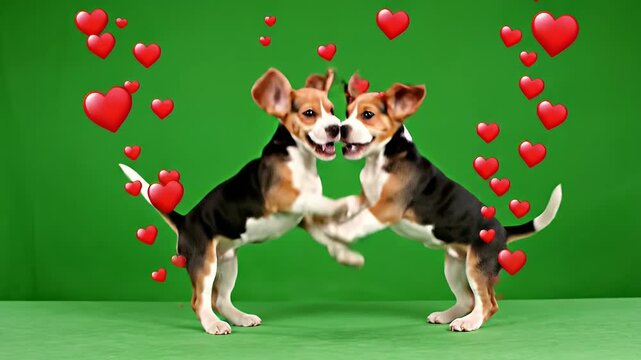 Two Beagles dancing with hearts on green screen - Two cute beagle puppies are standing on their hind legs on a green screen surrounded by hearts.