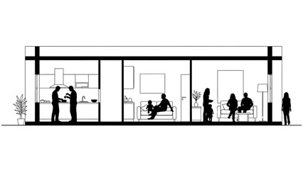 High-quality black continuous line art of a modern house side view floor plan, black silhouette family cooking in kitchen and relaxing on sofa, home lifestyle illustration © Narmada