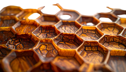 Close-up of intricately carved, interlocking wooden honeycomb pattern