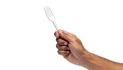 Hand Holding a White Plastic Fork Isolated on White Background.