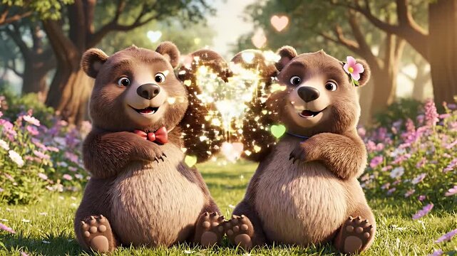 Cartoon Bears Making Heart Shape - Two animated bears are sitting in a meadow of flowers, making a heart shape with their paws. The bears are brown and fluffy, with cute faces and small accessories.