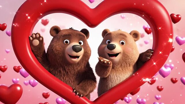 Cartoon Bears in Love Heart - Two cartoon bears, one brown and one tan, are smiling and waving from within a large, shiny red heart.