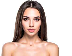 Fototapeta premium Straight dark haired woman with clear skin staring forward with bare shoulders against black