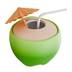 High-quality 3D render of a fresh green coconut drink with a straw and umbrella, perfect for tropical summer vacation, beach party, and healthy refreshment design projects.