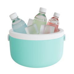 High-quality 3D render of a teal cooler box filled with ice cubes and refreshing bottled drinks, ideal for summer picnic, beach party, and outdoor vacation design projects.