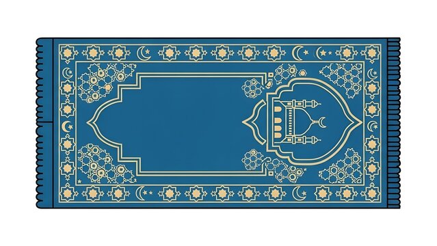Elegant vector illustration of a blue prayer rug adorned with intricate Islamic geometric patterns and crescent moon motifs, symbolizing faith and devotion for Ramadan, isolated