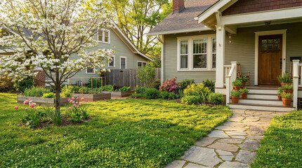 Obraz premium Springtime gardening action in suburban home front yard photography lush green environment daylight vibrant nature