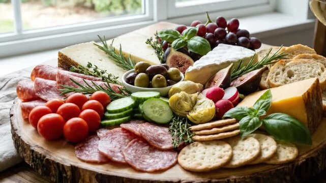 A vibrant and artfully arranged charcuterie board takes center stage on a rustic wooden serving slab, presenting a lavish spread ideal for social gatherings and gourmet dining. This appealing assortme