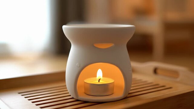Close up of a white ceramic oil diffuser with a lit tea light candle emitting a warm orange glow indoors on a wooden tray with a blurred background creating a calming ambiance