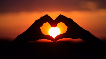 Hands Forming Heart Shape Against Sunset Sky, Romantic Love Concept and Emotional Connection Symbol
