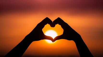 Hands Forming Heart Shape Against Sunset Sky, Romantic Love Concept and Emotional Connection Symbol