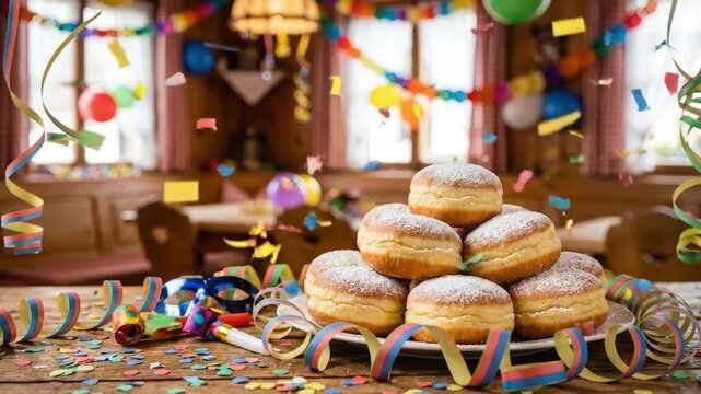 A vibrant and festive indoor scene radiates joy and celebration, perfect for capturing the essence of a lively gathering or holiday event. The foreground features a tempting stack of freshly baked, po