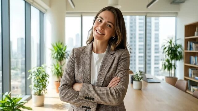 A vibrant and professional woman poses confidently with crossed arms, smiling brightly at the camera within a modern, sunlit office space. The blurred background features large windows revealing a cit