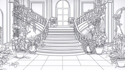 Grand Staircase, Elegant Interior, Architectural Design, Illustration, Visual Concept, Empty Hall, Digital Drawing, Home Decoration