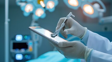 Doctor Using Smartphone to Monitor Patient Data in Modern Operating Room with Surgical Lighting and Medical Equipment