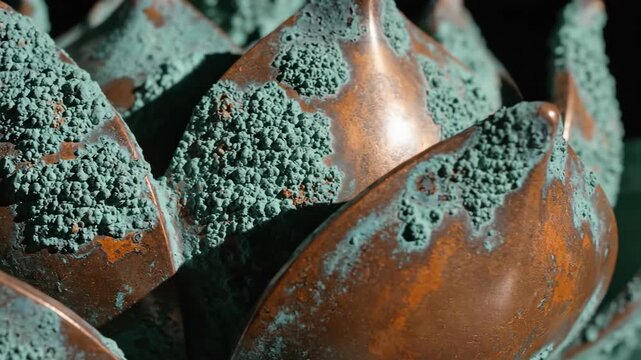 Close up of aged copper lotus flower sculpture with verdigris patina and textured surface detailed macro shot with dramatic lighting against a dark background