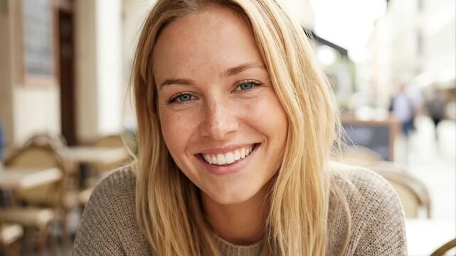 A vibrant close-up captures a cheerful young woman with radiant blonde hair and striking blue eyes, illuminated by natural light. She smiles genuinely at the camera, showcasing a warm and approachable