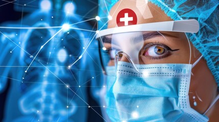 Medical professional with protective gear and futuristic interface showcasing human anatomy in healthcare setting