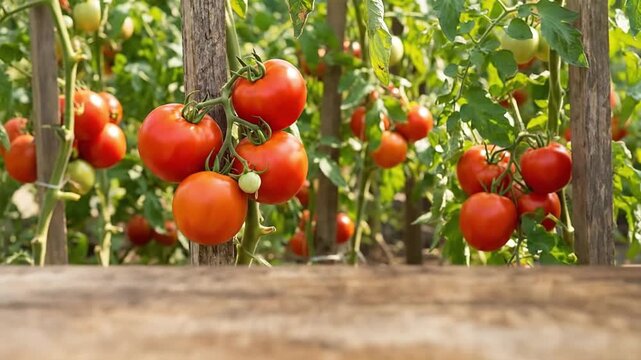 A vibrant close-up shot captures clusters of ripe red tomatoes glistening on the vine, interspersed with lush green foliage and some developing unripe green tomatoes. The scene conveys a sense of natu