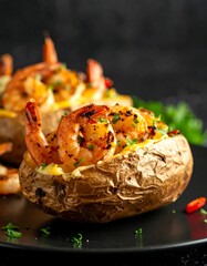 Baked potatoes loaded with grilled shrimp, cheese, and herbs, arranged on a black plate against a dark, textured background