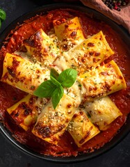 Baked pasta rolls in red sauce, cheese melted golden brown, garnished with fresh basil. A delicious and appetizing meal