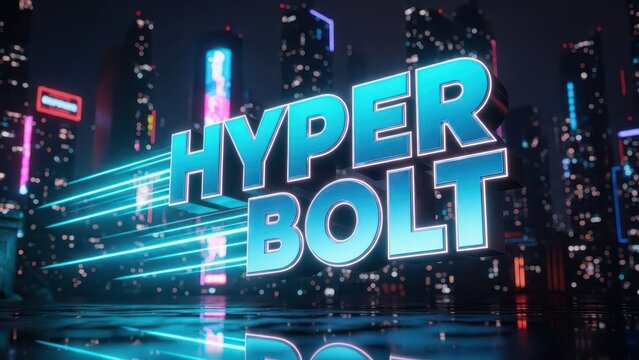 Hyper Bolt Neon Sign in Futuristic Cityscape with Glowing Lights and Modern Architecture.
