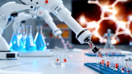 Robotic Arm in Laboratory Conducting Experiments with Scientific Equipment and Chemical Solutions