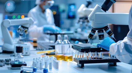 Advanced Laboratory Setting with Scientist Using Microscope and Conducting Experiments in Modern Research Facility