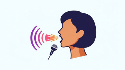 Woman speaking into microphone with sound waves and speech bubbles conveying public speaking communication and presentation concepts