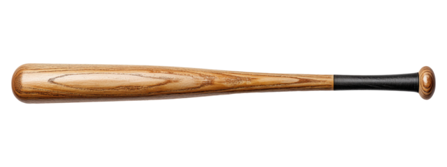 Natural wooden baseball bat with black grip, isolated on transparent background